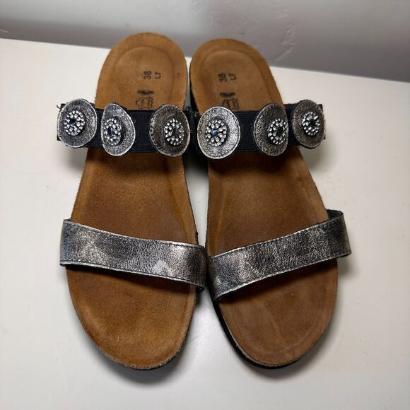 Naot Womens Marissa Sandal Size 38 7 Silver Pewter Leather Low Wedge Slide Shoe - Picture 2 of 11